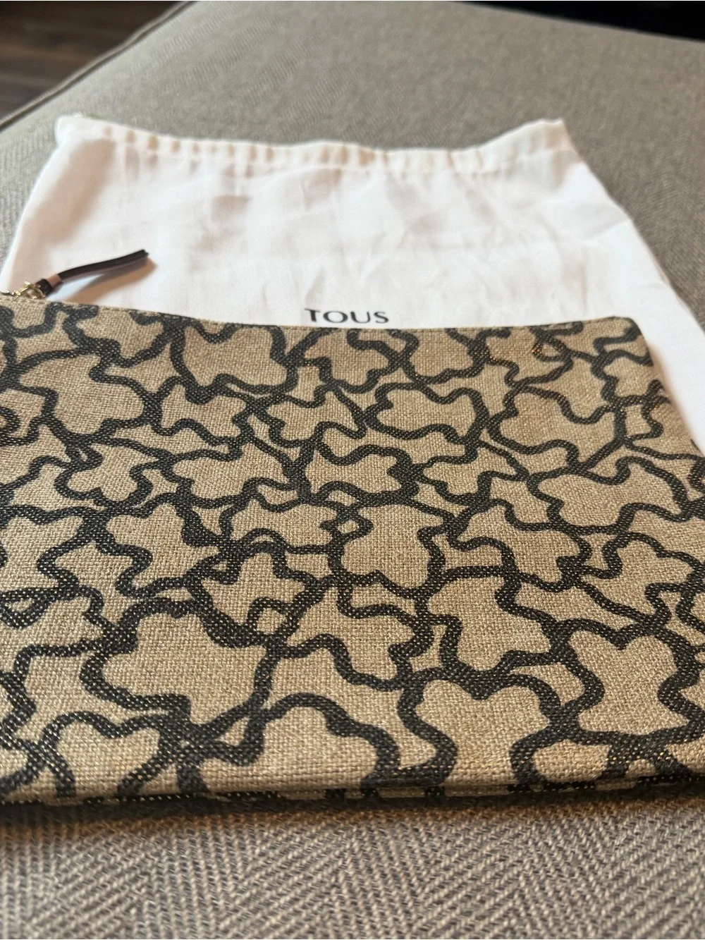 Tous Beige Canvas Zip Pouch with Black Abstract Print